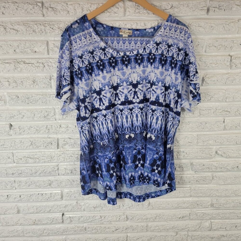World Unity Womens Top 3X Plus Tee Blue Abstract‎ Tie Dye Polyester TIE20E